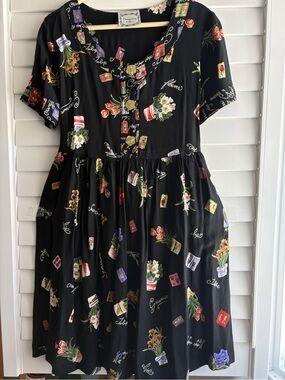 Clio Black Dress with Pink & Blue Floral Seed Packet Motif